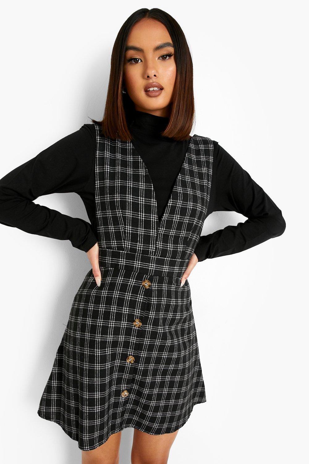 Grey check button store up pinafore mini dress