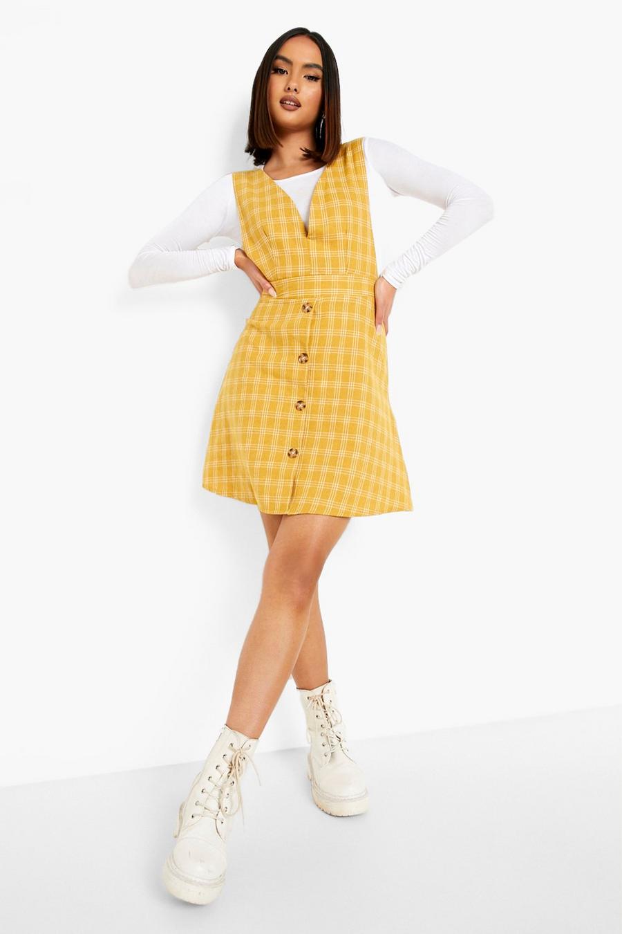 Mustard yellow V Front Button Up Check Pinafore Dress