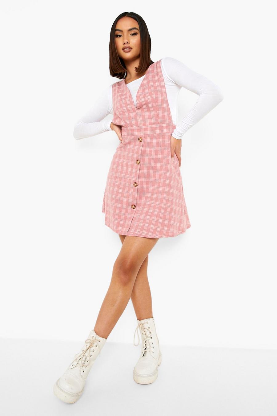 Rose pink V Front Button Up Check Pinafore Dress