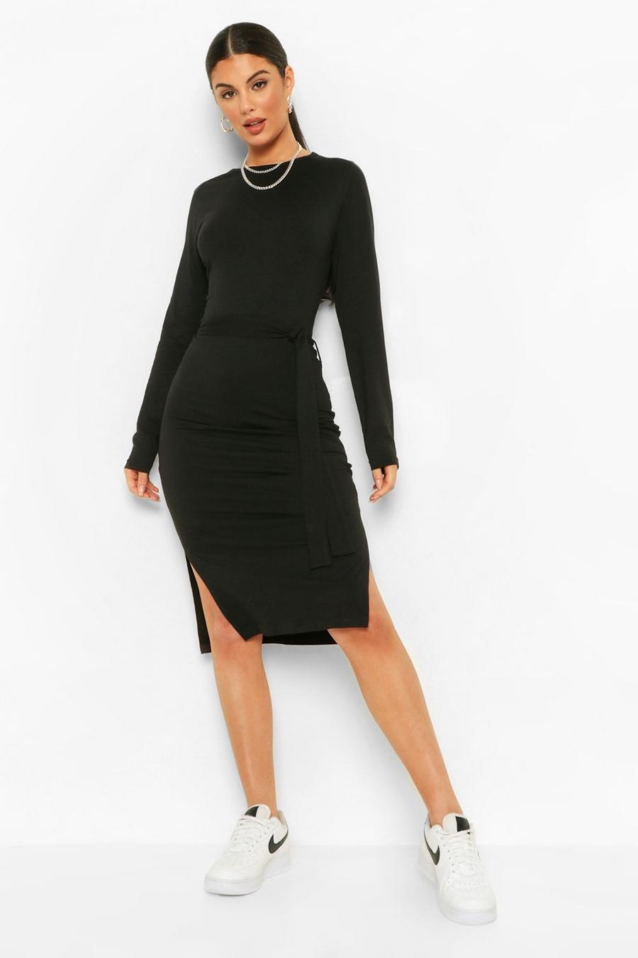 Black Long Sleeve Belted Midi Dress image number 1