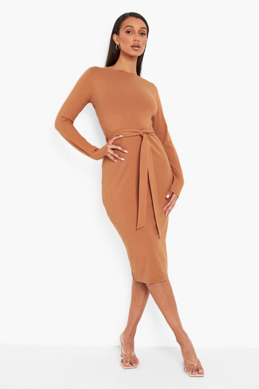 Tan Long Sleeve Belted Midi Dress image number 1