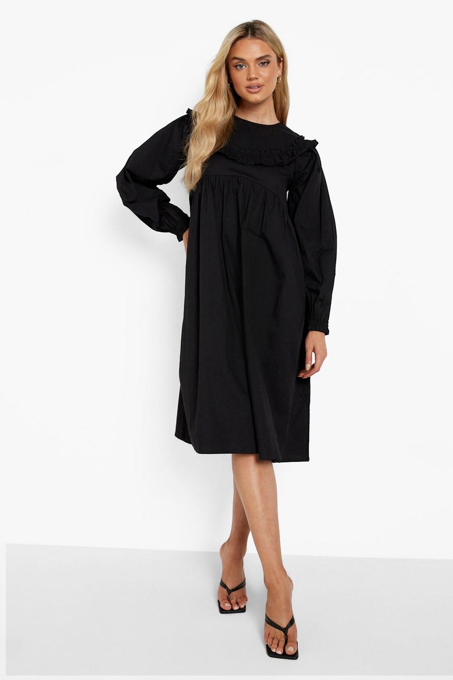 Black Long Sleeve Midi Smock Dress image number 1