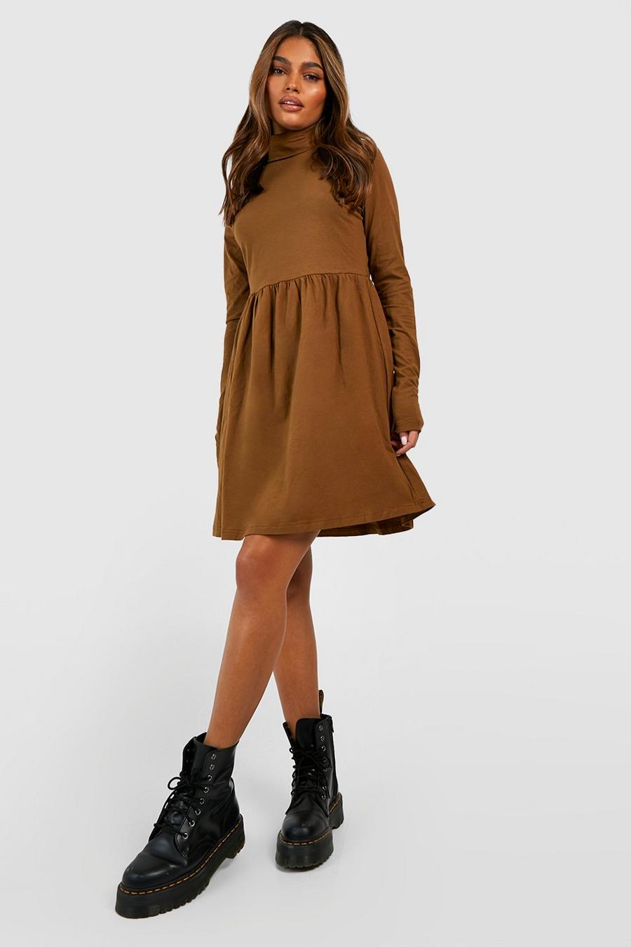 Chocolate brown Basic Turtleneck Long Sleeve Skater Dress