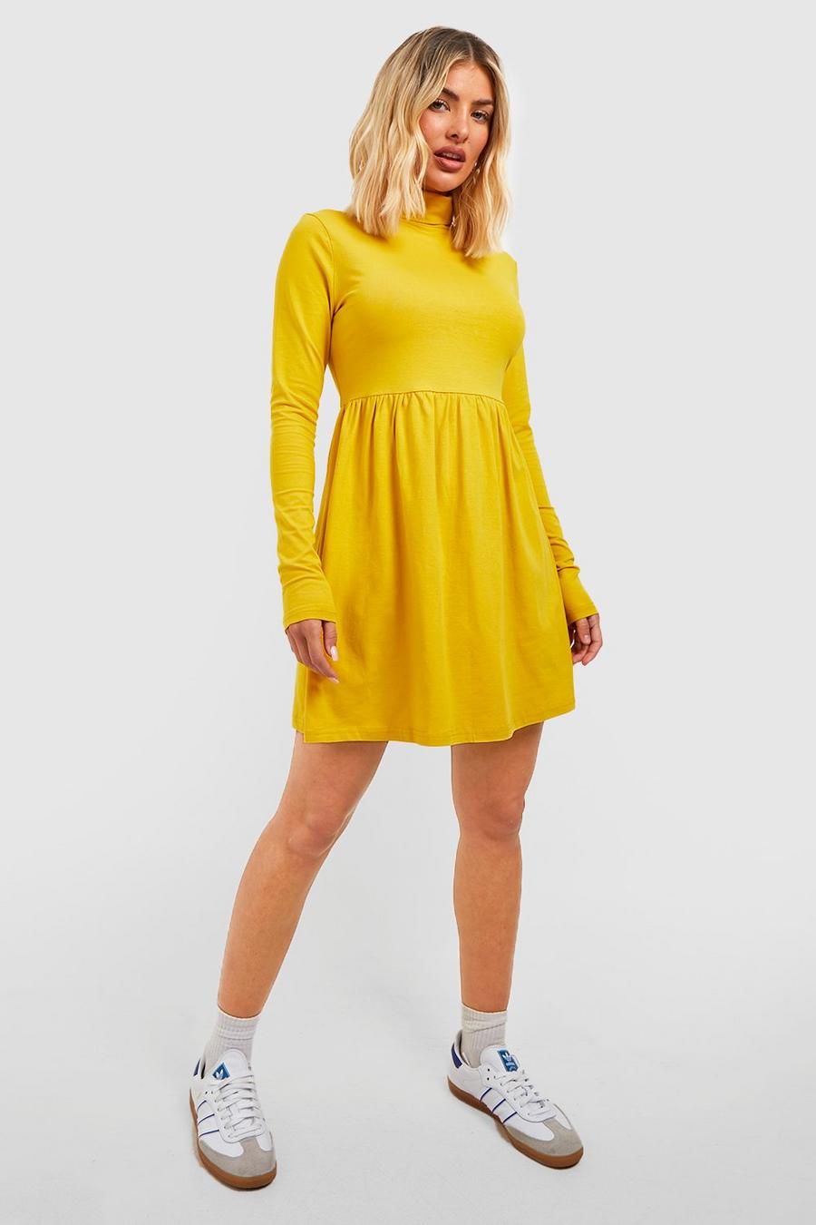 Mustard yellow Basic Roll Neck Long Sleeve Skater Dress
