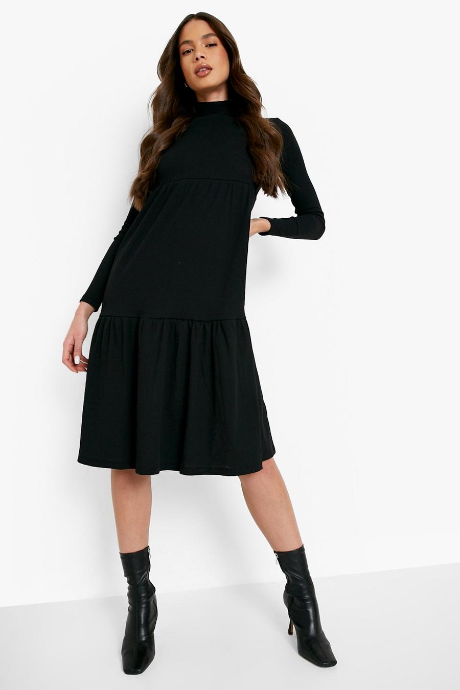 Black Long Sleeve Roll Neck Tiered Midi Dress