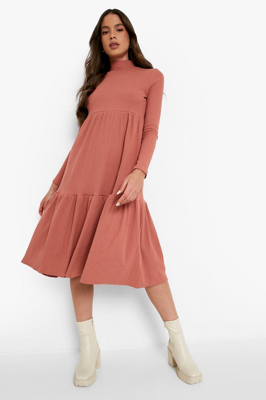 Brown Long Sleeve Roll Neck Tiered Midi Dress image number 1