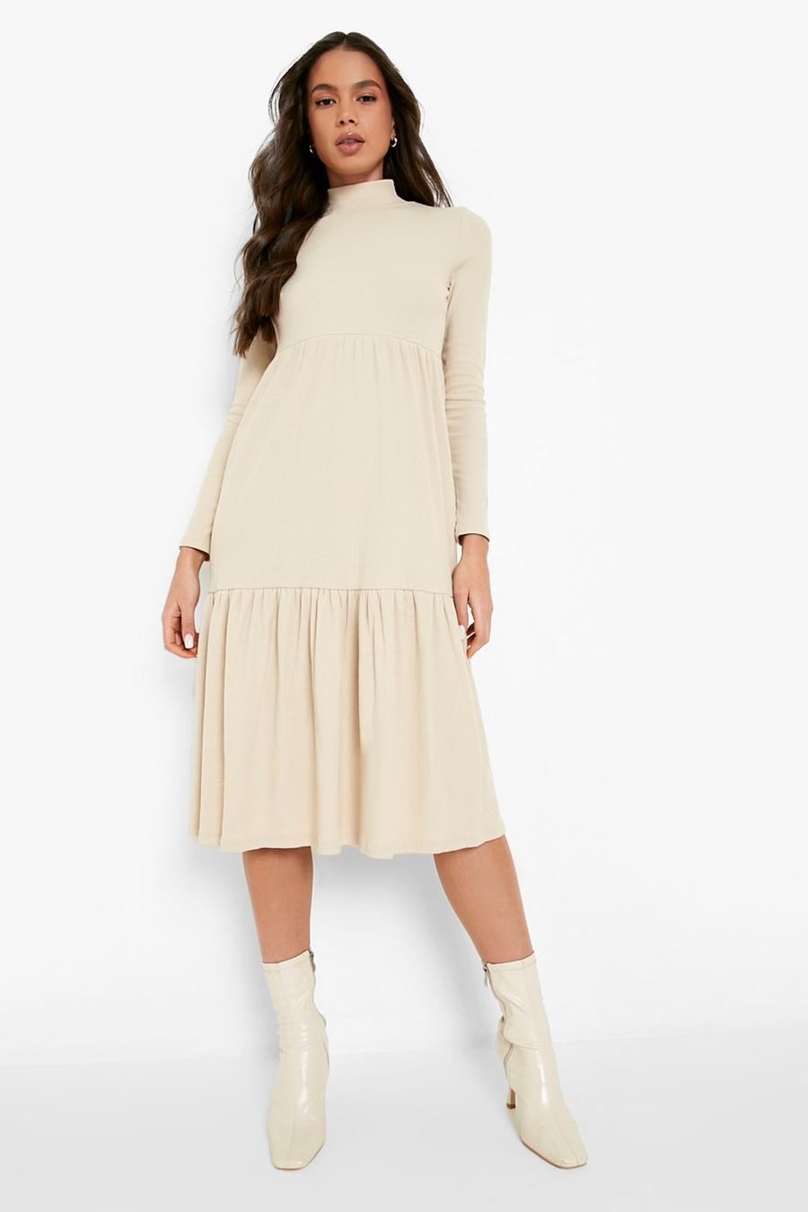 Stone beige Long Sleeve Roll Neck Tiered Midi Dress image number 1
