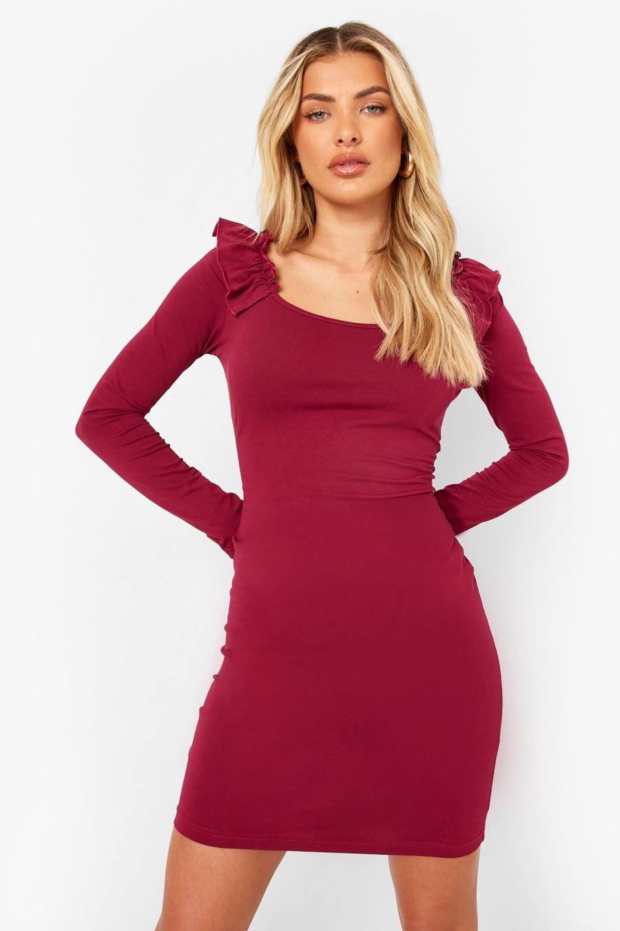 Berry Basic Long Sleeve Frill Shoulder Bodycon Mini image number 1