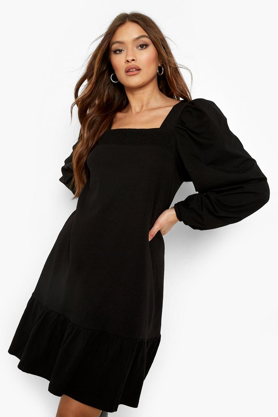 Black Long Sleeve Puff Square Neck Smock Dress image number 1