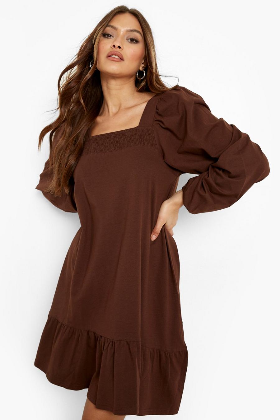 Chocolate Long Sleeve Puff Square Neck Smock Dress image number 1