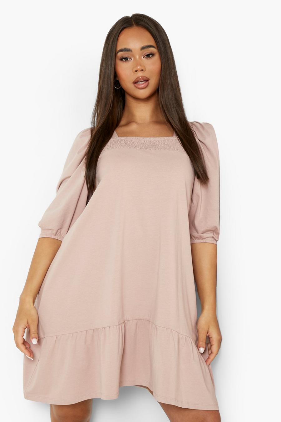 Dusty rose rosa Puff Sleeve Square Neck Smock Dress