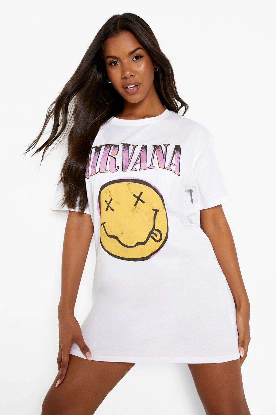 לבן שמלת טישרט ממותגת עם הדפס Smiley וכיתוב Nirvana image number 1