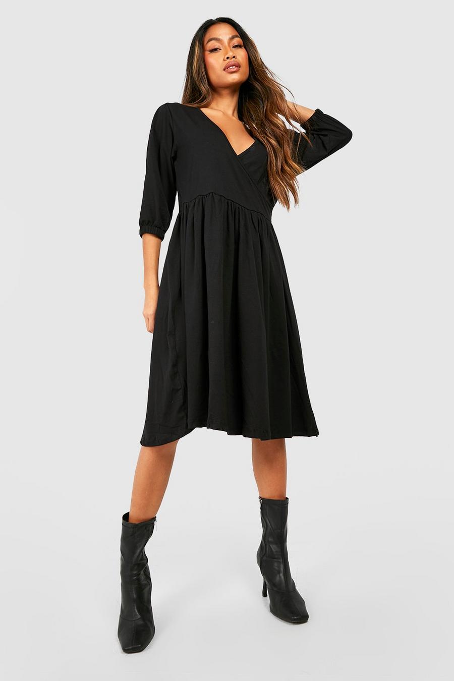 Black 3/4 Sleeve Midi Smock Dress