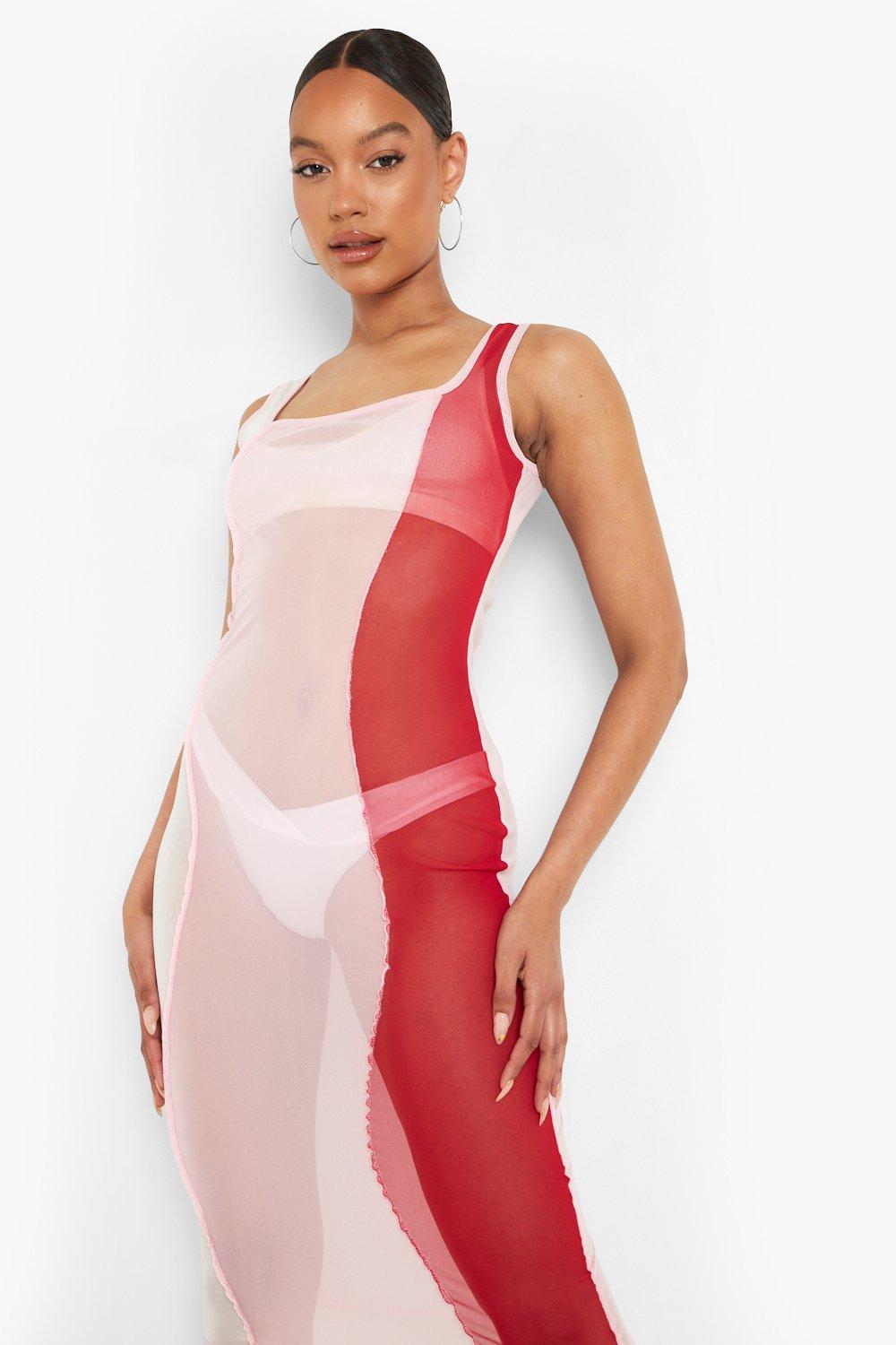 Mesh Colour Block Strappy Midi Dress