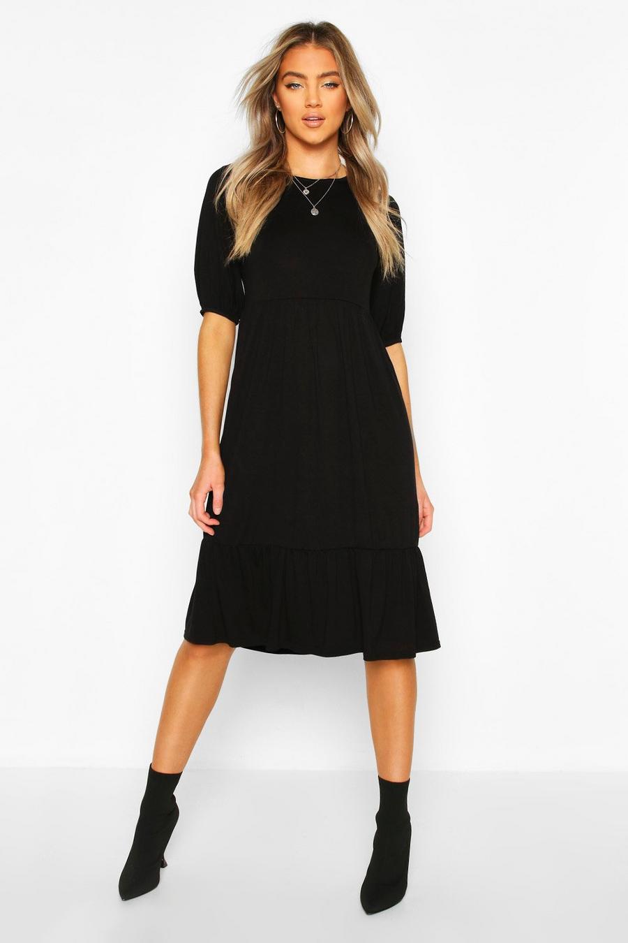 Black Elasticated Sleeve Drop Hem Midi Dress image number 1
