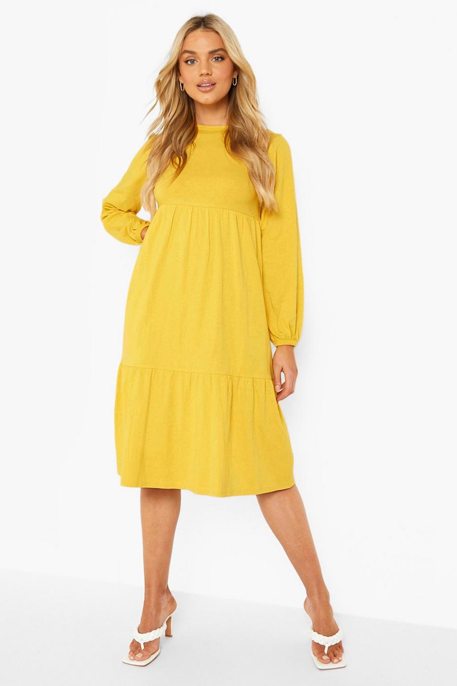 Mustard gul Midiklänning med elastisk ärm och volangkant image number 1