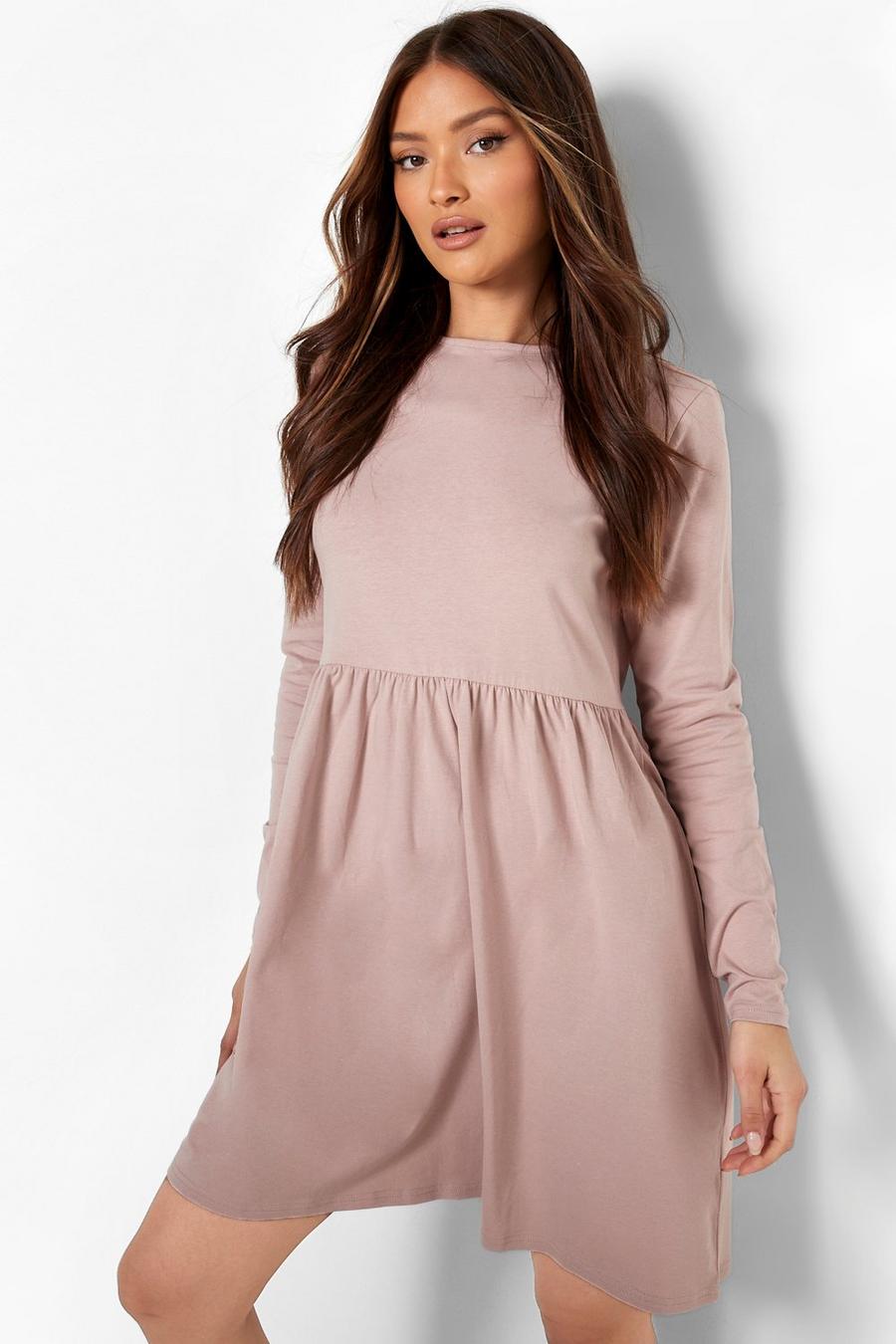 Dusty rose pink Long Sleeve Crew Smock Dress image number 1