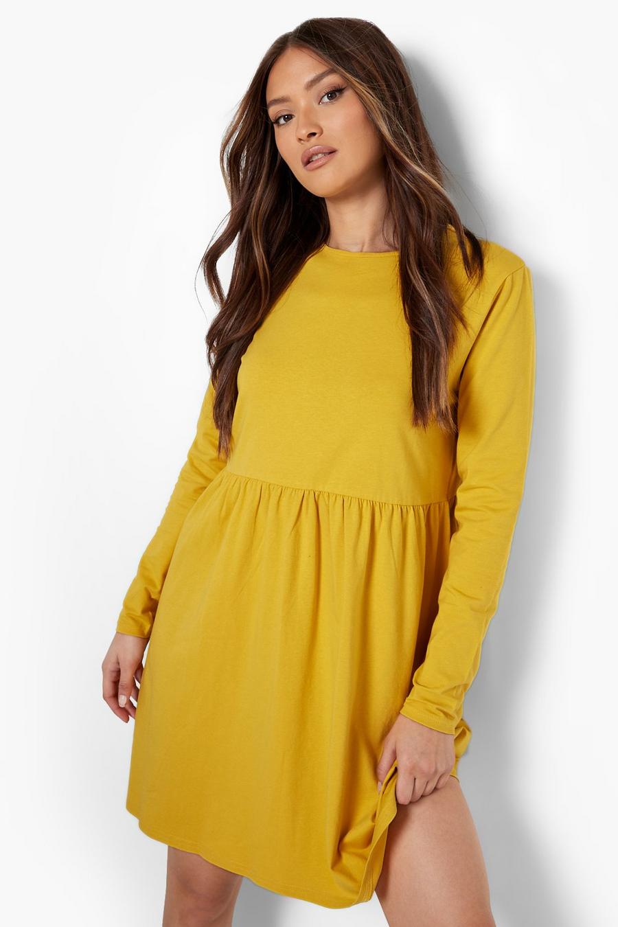 Mustard gul Långärmad klänning med rund hals
