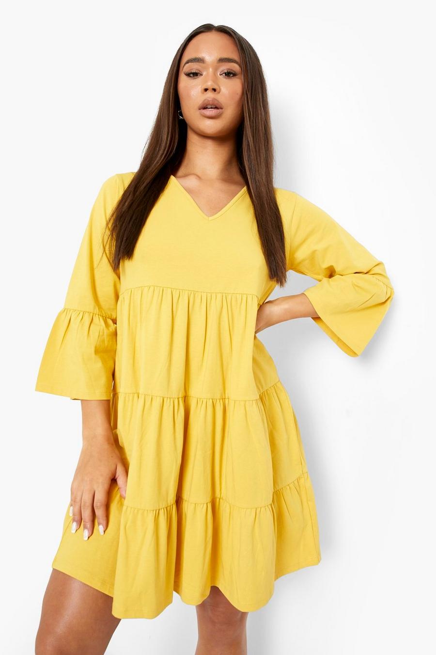 Mustard yellow Flared Sleeve Tiered Smock Dress
