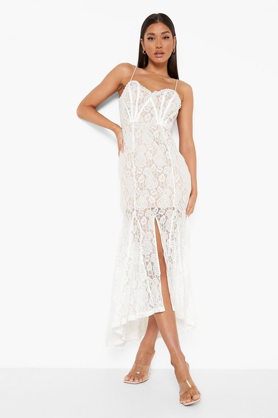 לבן שמלת מקסי בסגנון זנב דג עם פאנל תחרה image number 1
