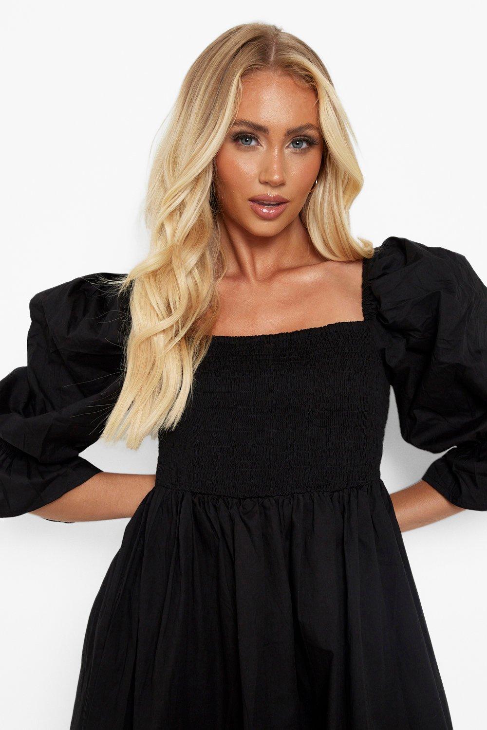 Puff Sleeve Square Neck Midi Smock Dress