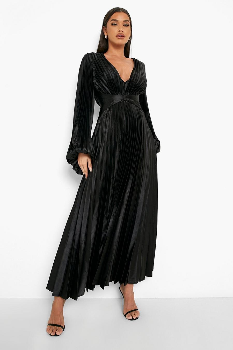 שחור שמלת מידי מבד סאטן עם שרוולי בלוזון וקפלים image number 1