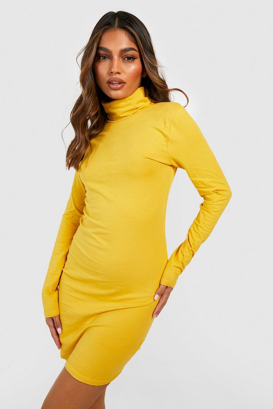 Mustard yellow Long Sleeve Roll Neck Mini Bodycon Dress image number 1