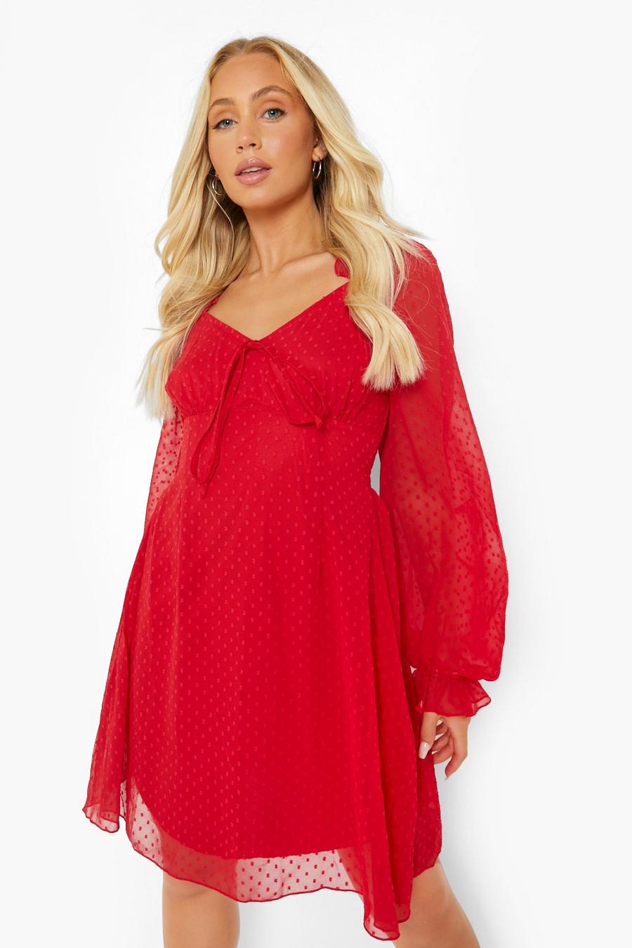 Red Dobby Mesh Long Sleeve Tie Front Skater Dress image number 1