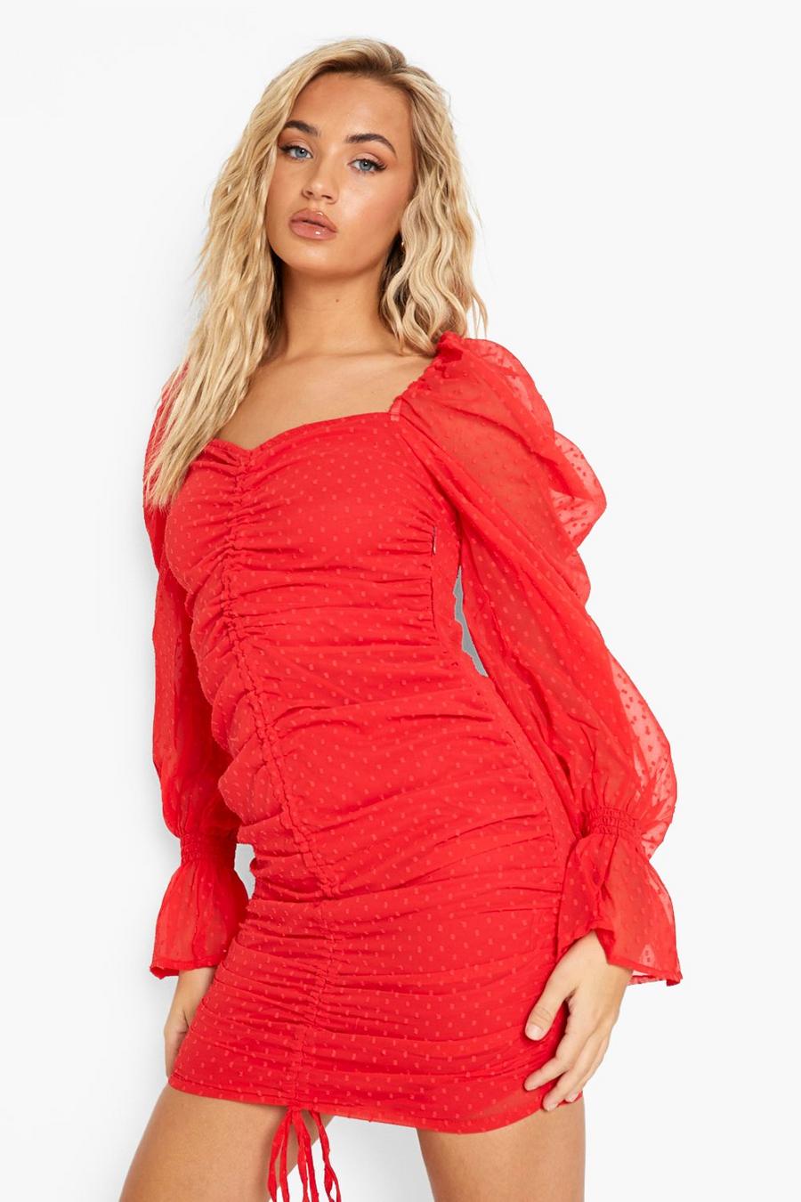 Red Dobby Mesh V Front Ruched Mini Dress image number 1