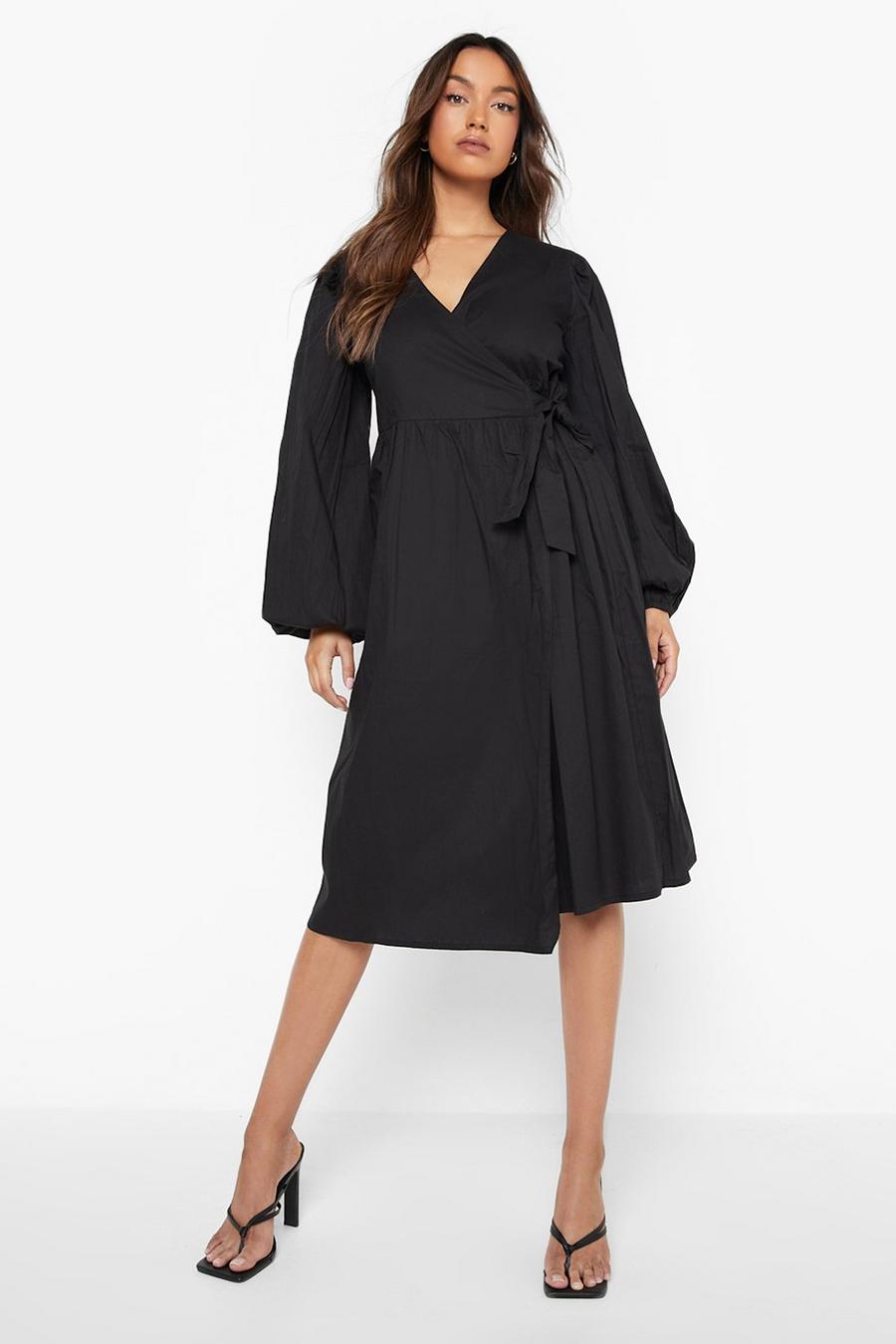 Black Wrap Long Sleeve Midi Dress image number 1