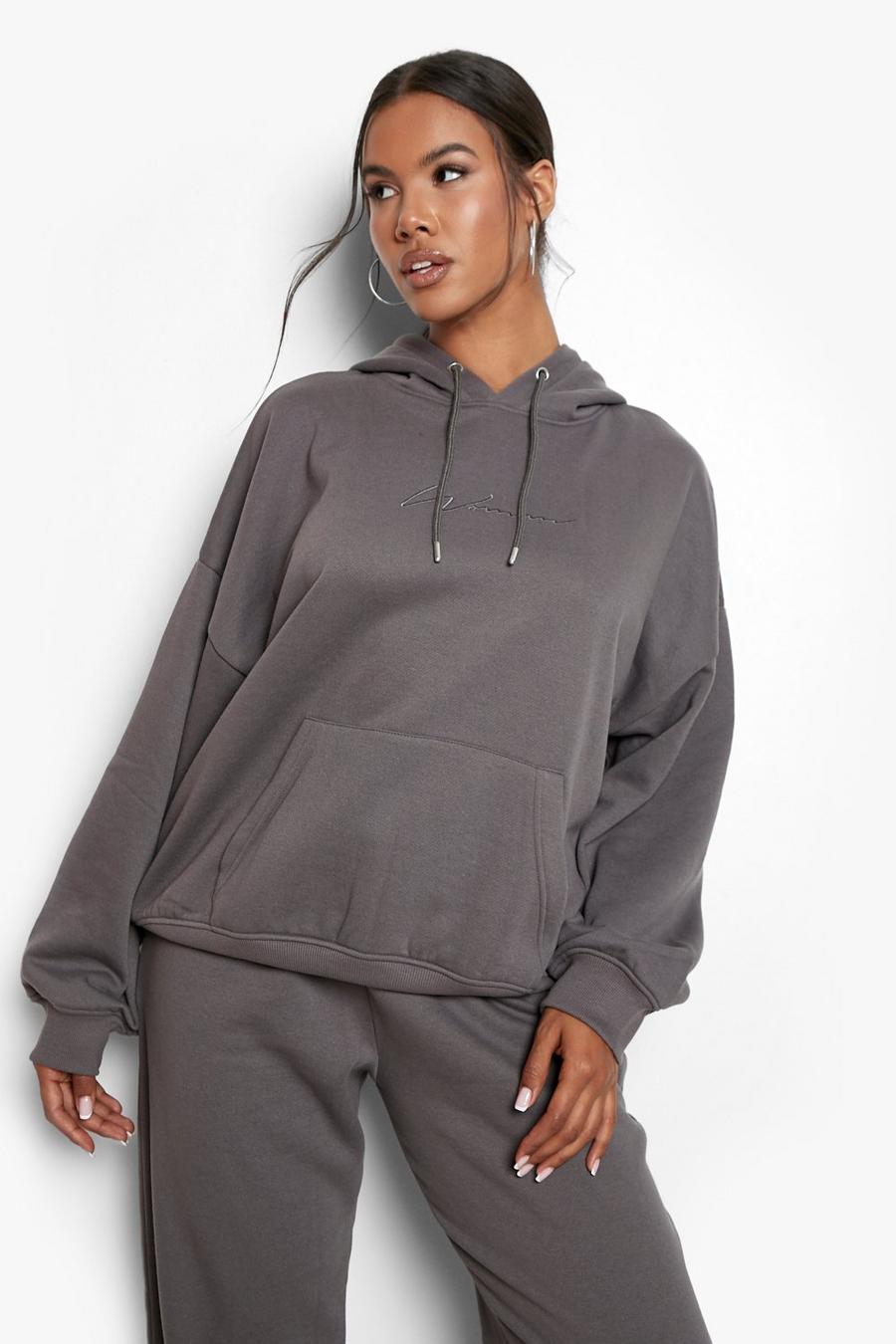 Charcoal grey Recycled Woman Embroidered Hoodie