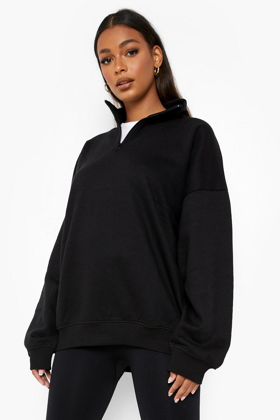 Übergroßes Sweatshirt aus recyceltem Material mit kurzem Reißverschluss, Schwarz