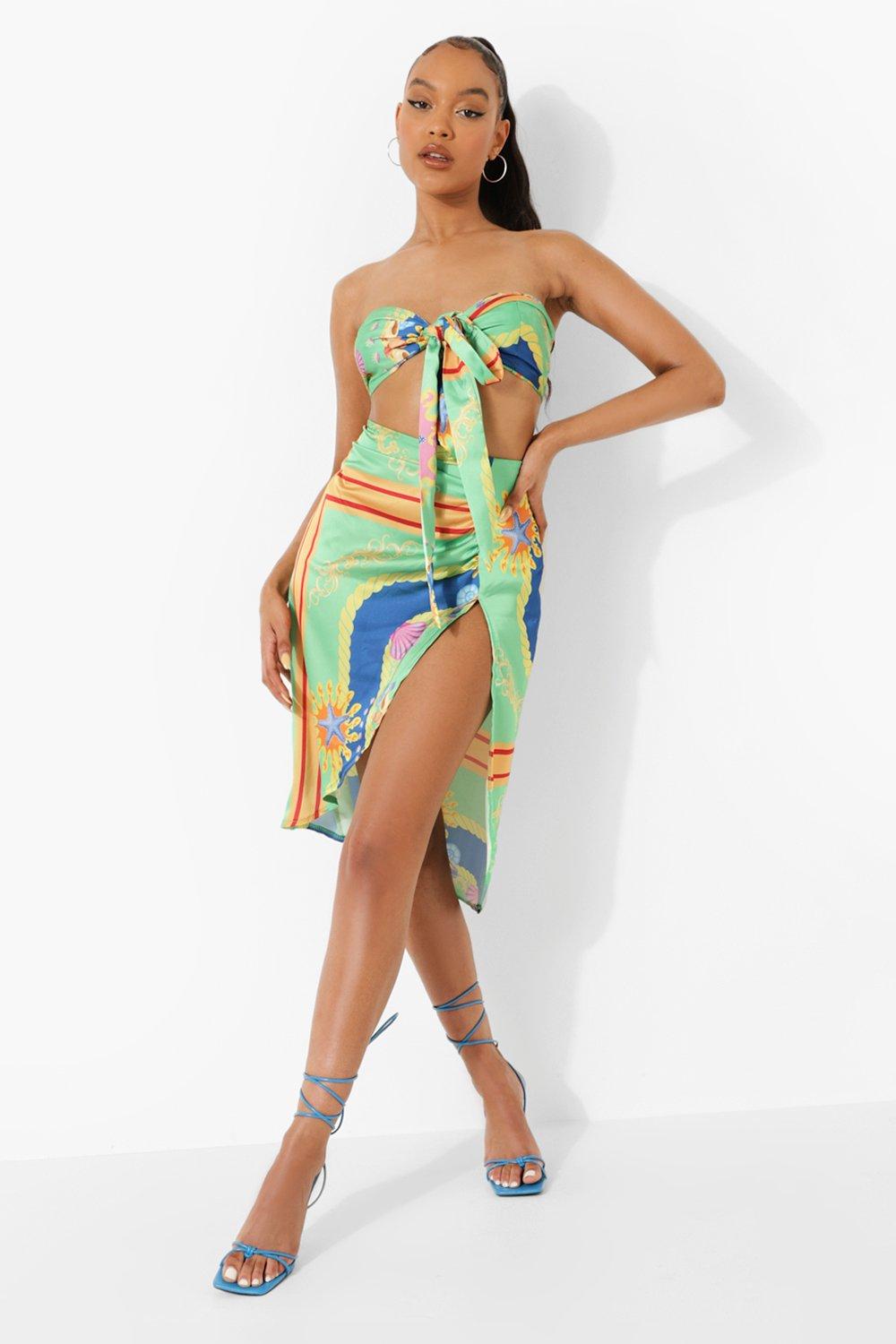 Scarf Print Bandeau & Wrap Midi Skirt