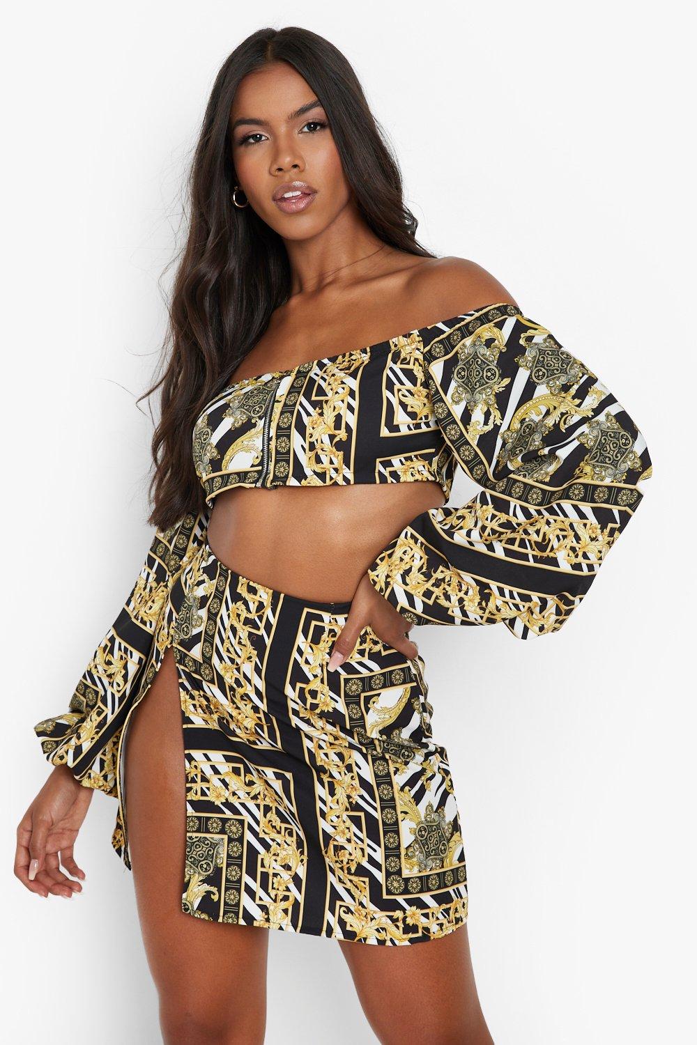 Black Scarf Print Bardot Volume Sleeve Crop Top