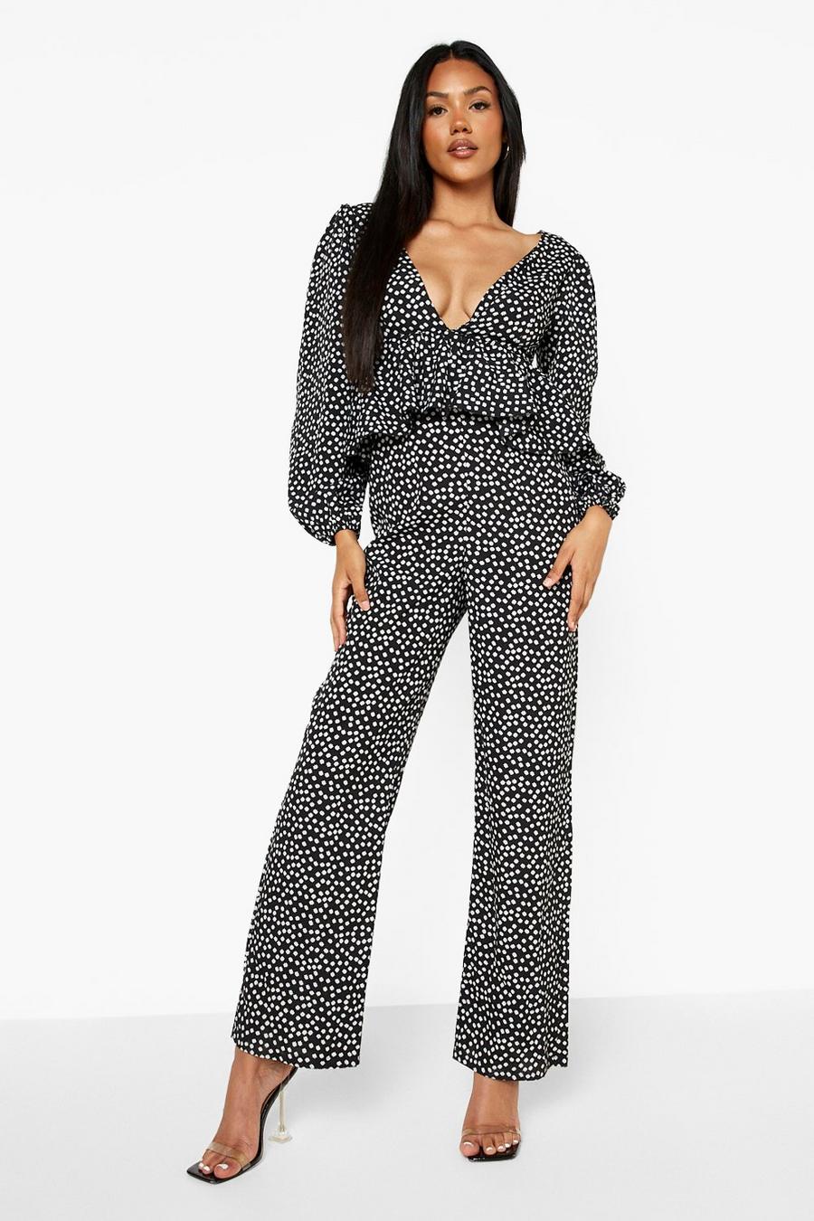 Black Ditsy Floral Ruffle Wide Leg Jumpsuit image number 1