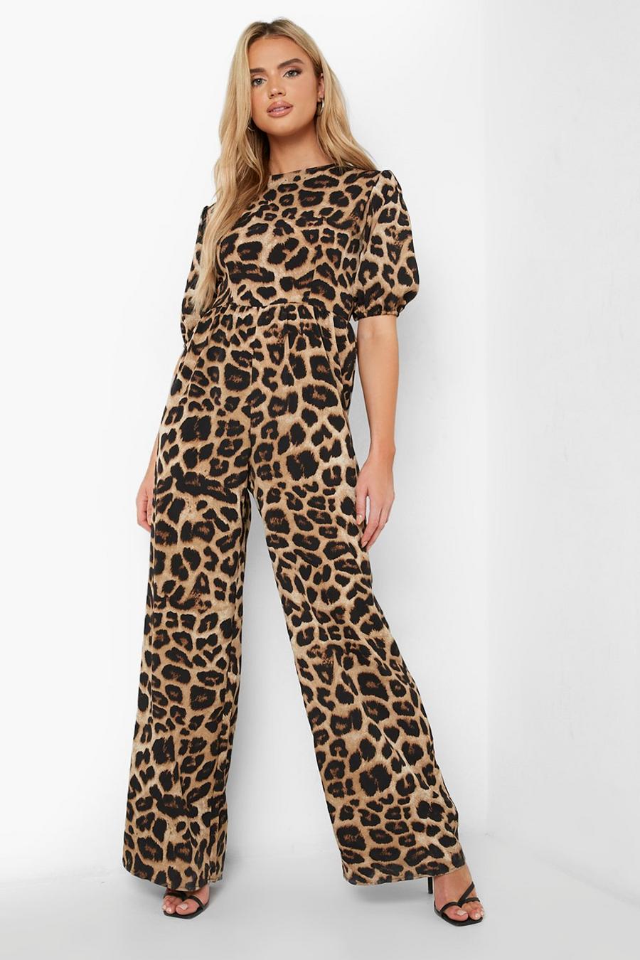 Brown Leopard Puff Sleeve Wide Leg Jumpsuit image number 1
