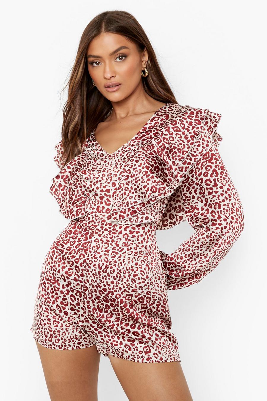White Leopard Print Double Ruffle Romper image number 1
