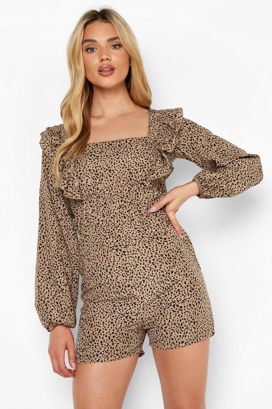 Stone Animal Print Square Neck Frill Playsuit image number 1