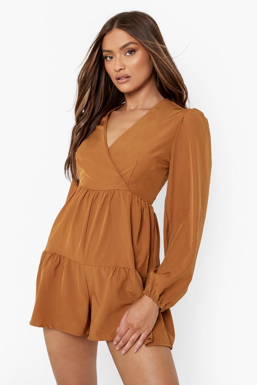 Camel Tiered Wrap Smock Playsuit image number 1