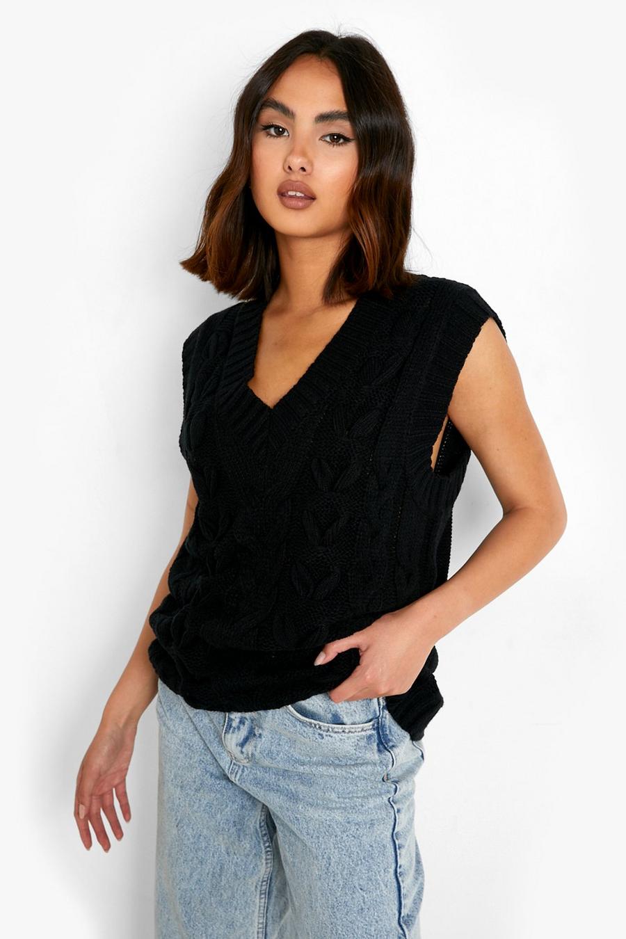 Black Chunky Lace Up Cable Knit Sweater Vest image number 1