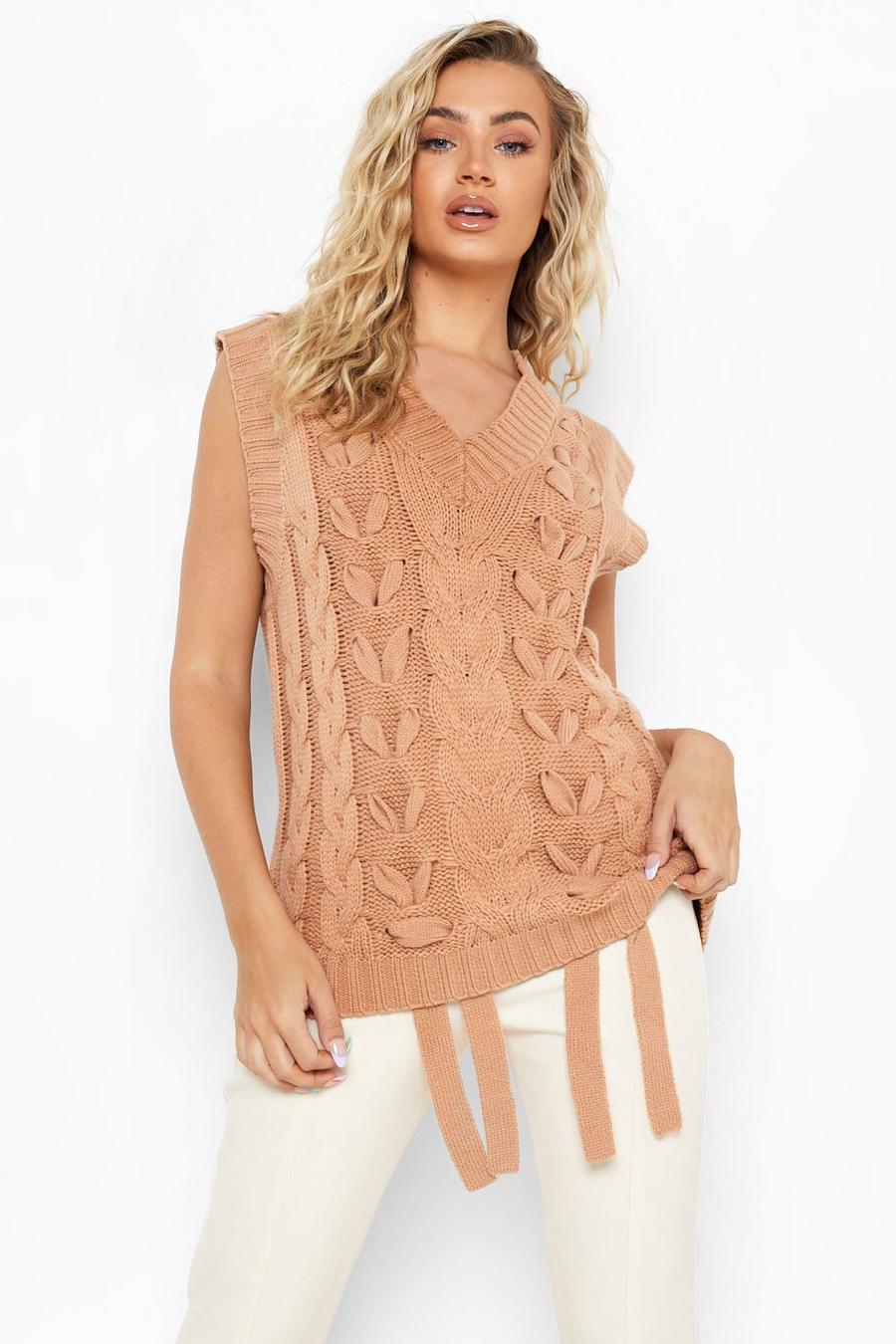 Camel Chunky Lace Up Cable Knit Sweater Tank image number 1