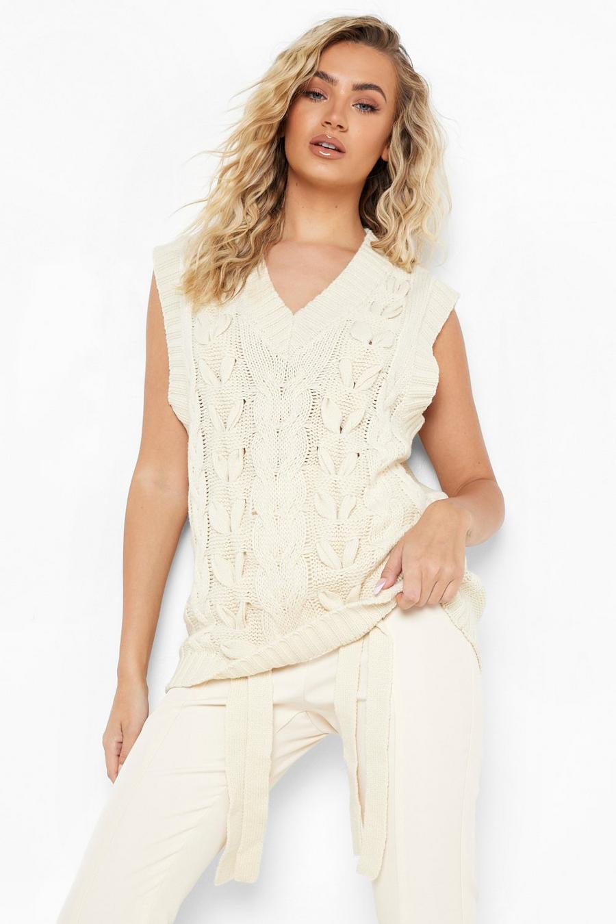 Ivory Chunky Lace Up Cable Knit Sweater Vest image number 1