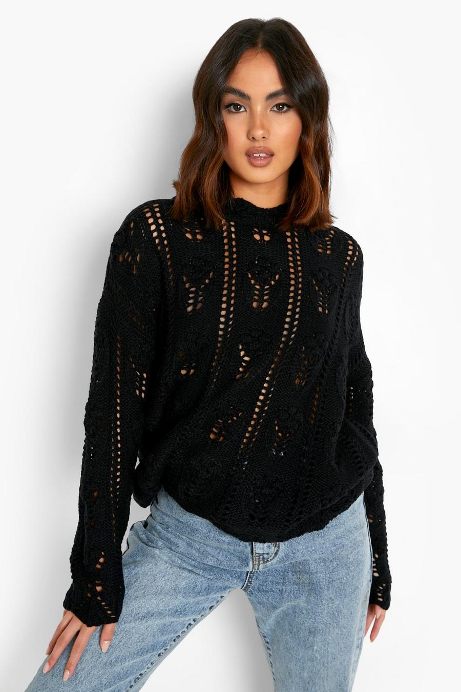 Black Chunky Crochet Knit Sweater image number 1