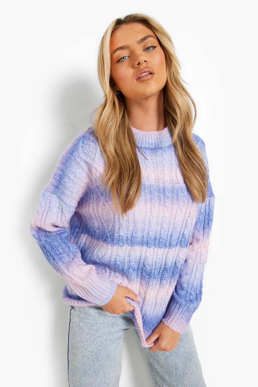 Blue Ombre Cable Knitted Jumper image number 1