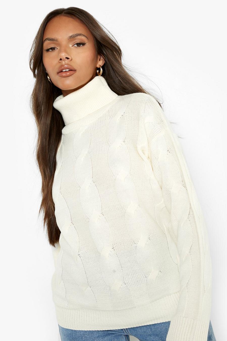Ecru white High Neck Cable Knit Sweater