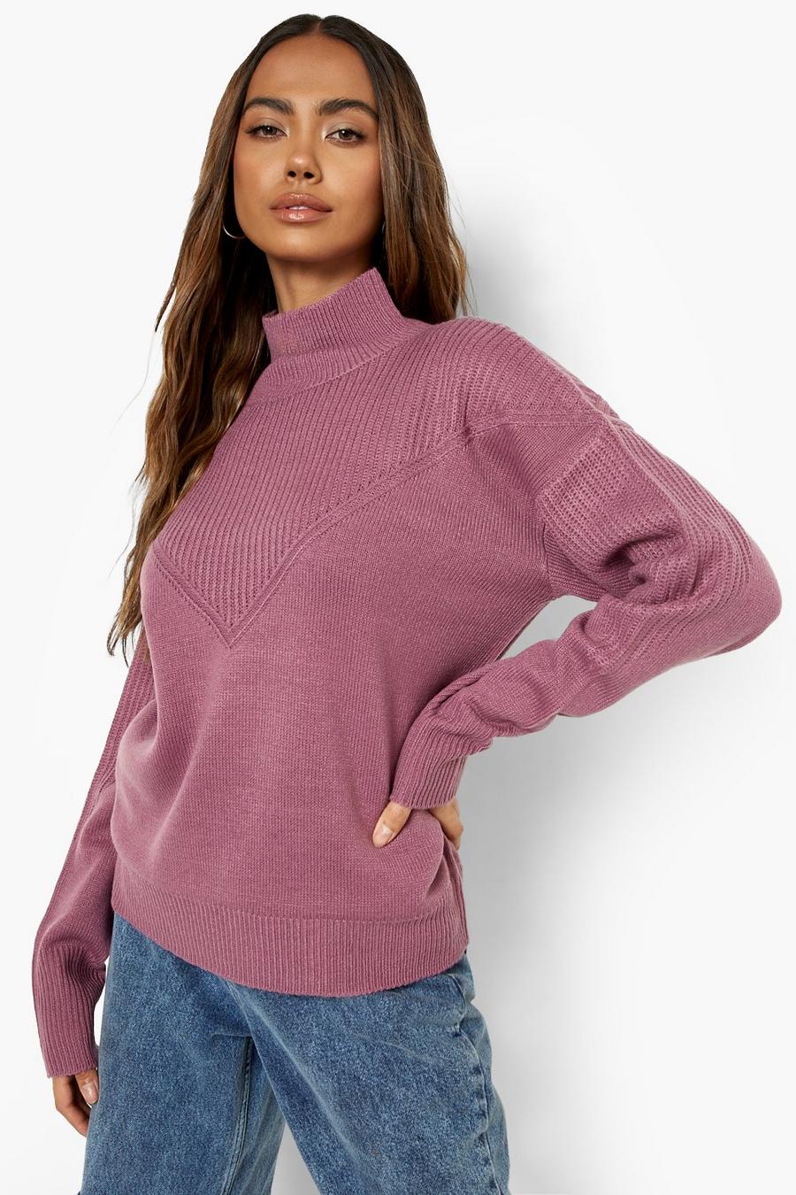 Grape Mixed Stitch High Neck Sweater image number 1