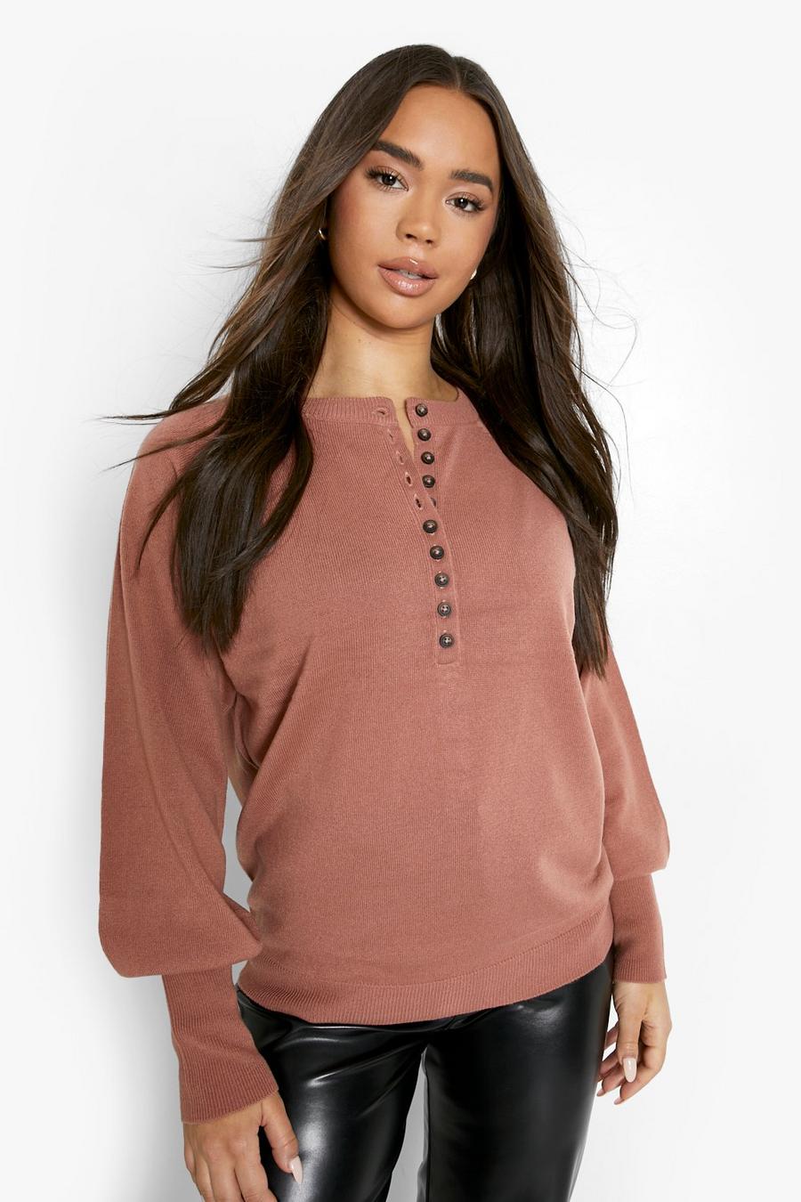 Terracotta Crew Neck Button Collar Sweater image number 1