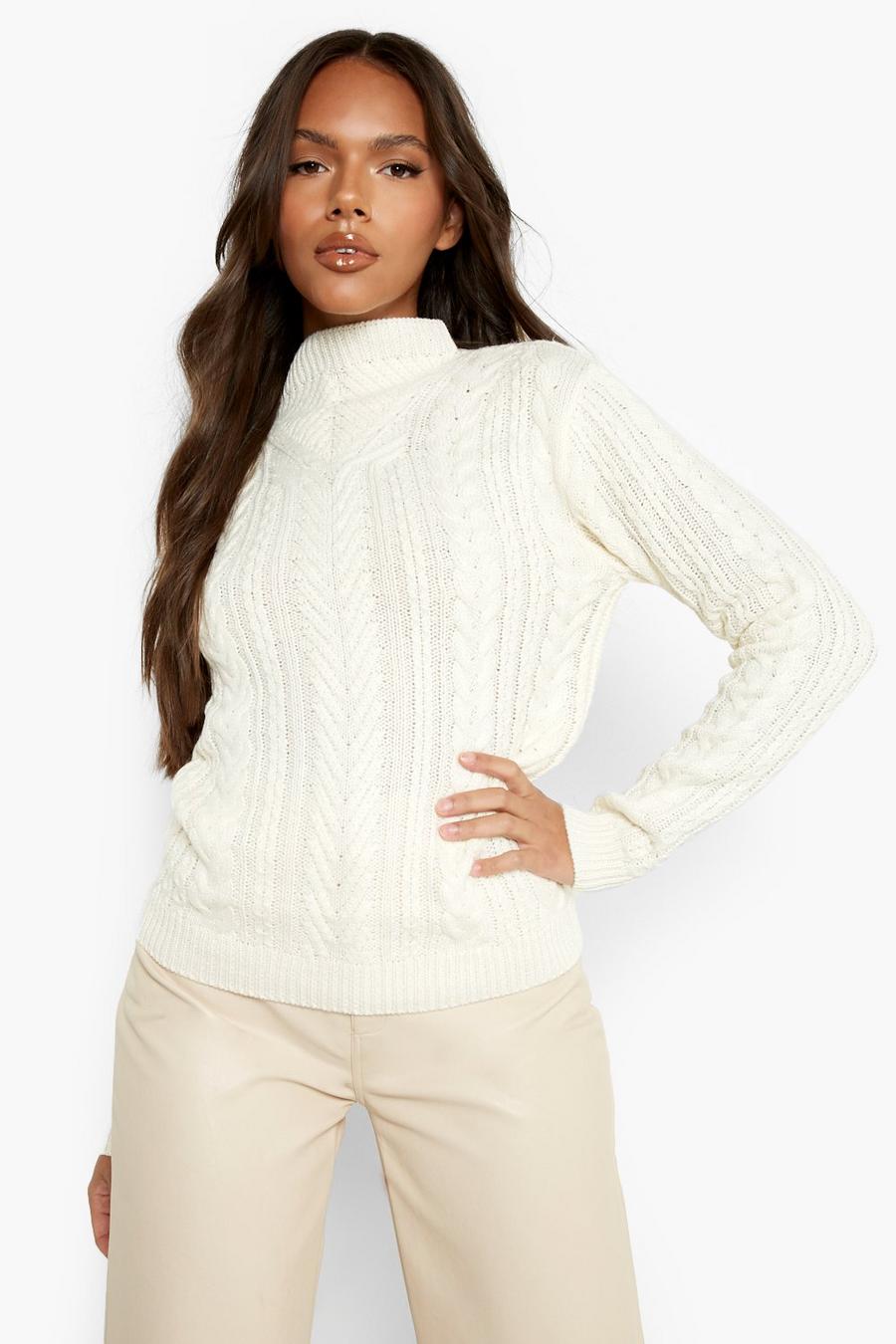 Ecru Funnel Neck Cable Knitted Sweater image number 1