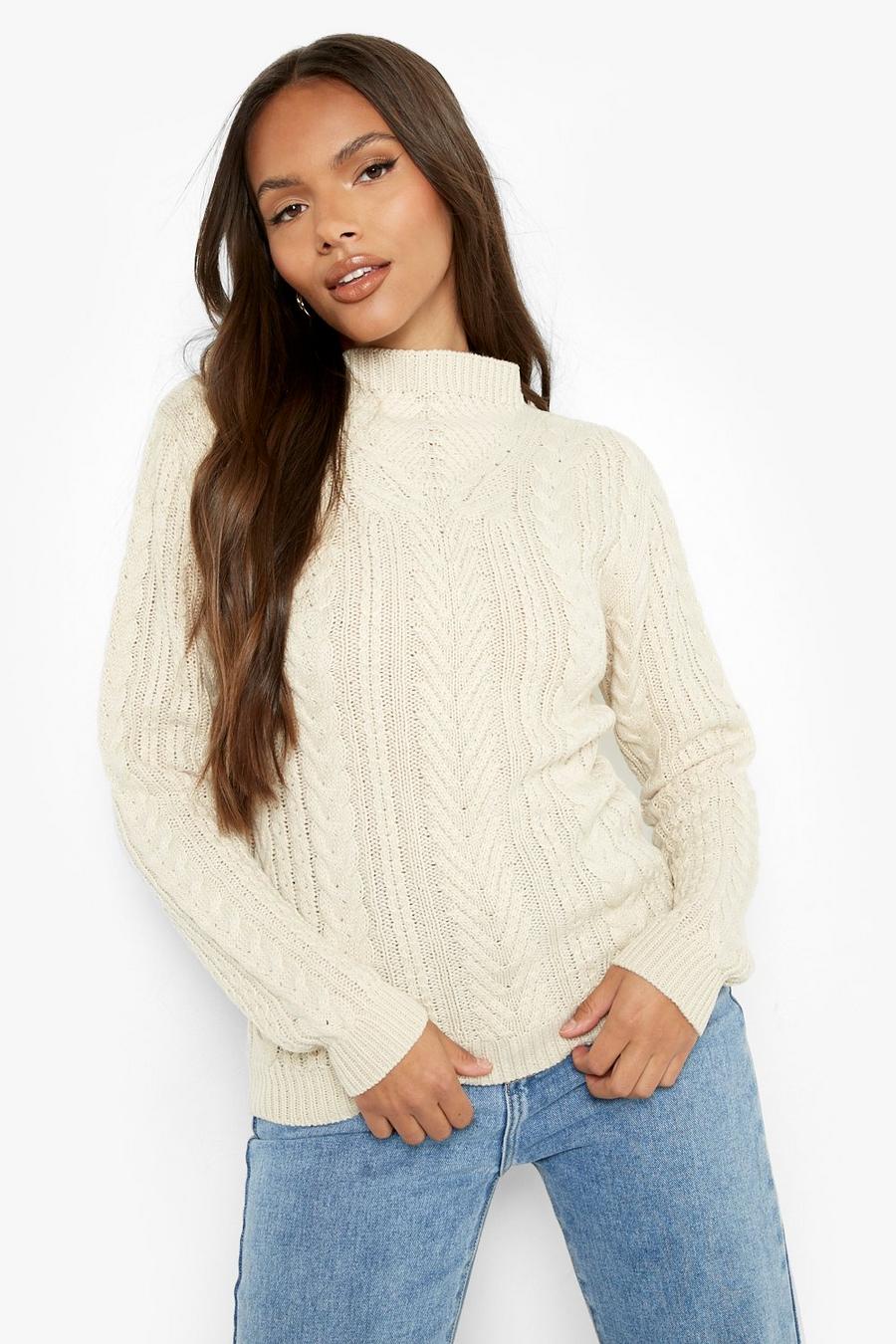 Stone beige Funnel Neck Cable Knitted Jumper image number 1