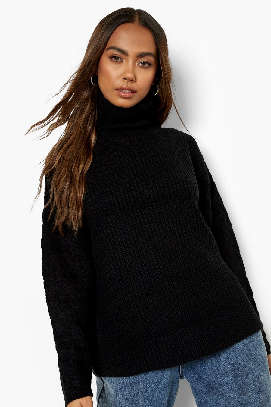 Black Mixed Stitch Cable Sleeve Jumper image number 1